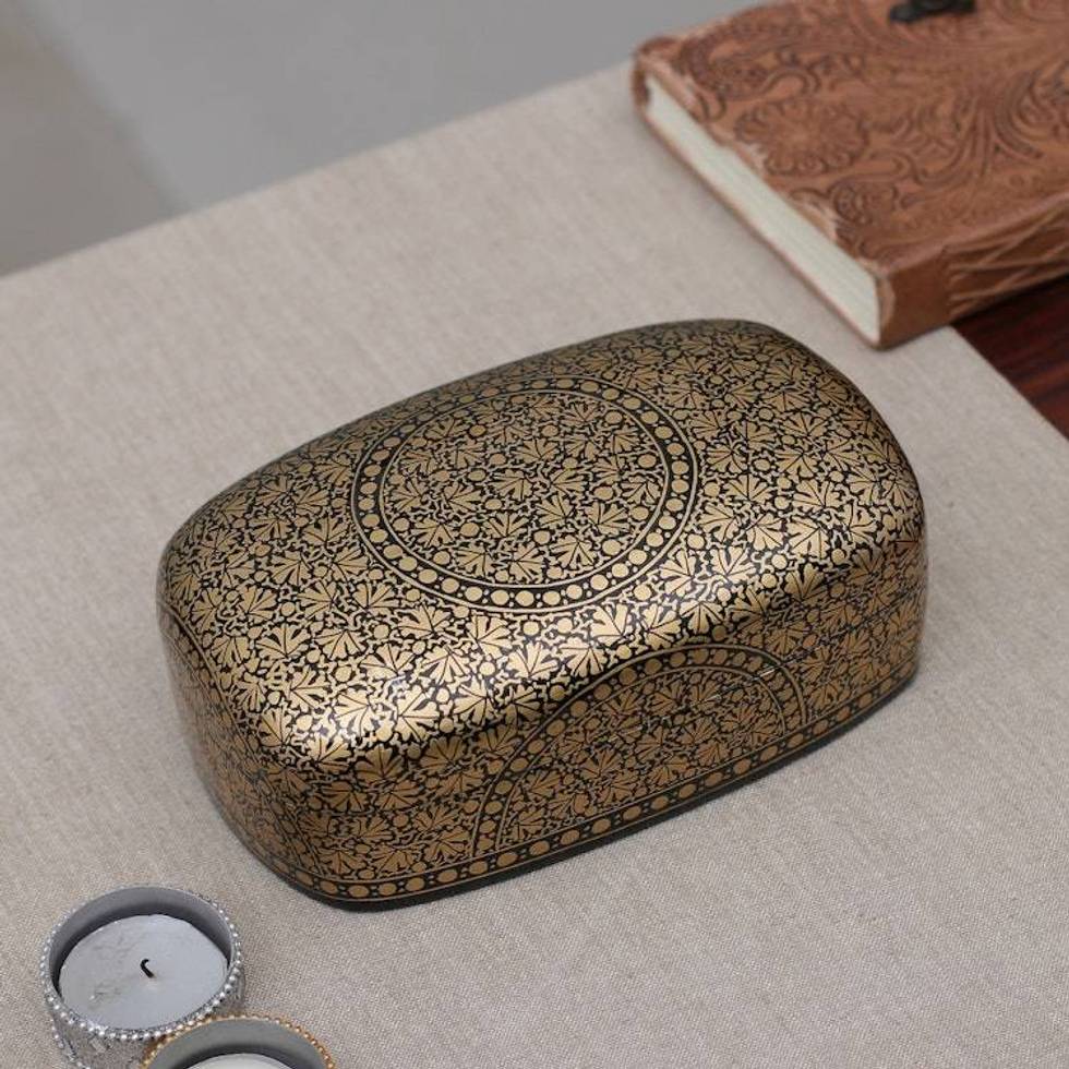 Golden Black-Hued Papier Mache Wood Leaf Decorative Box 'Twilight Vine'