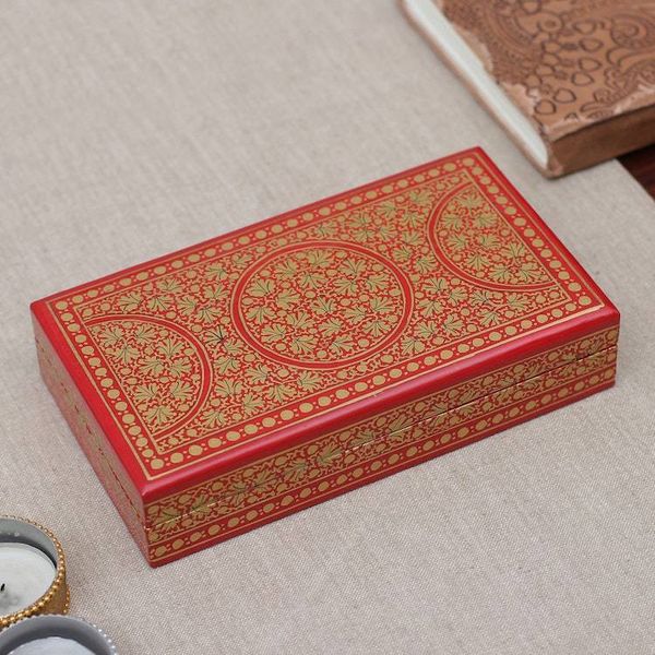 Alternate image for Red Gold Rectangular Papier Mache Wood Leaf Decorative Box Golden Vine