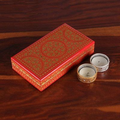 Alternate image for Red Gold Rectangular Papier Mache Wood Leaf Decorative Box Golden Vine