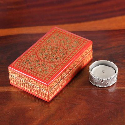 Alternate image for Hand-Painted Red Gold Papier Mache Wood Leaf Decorative Box Gilded Vine