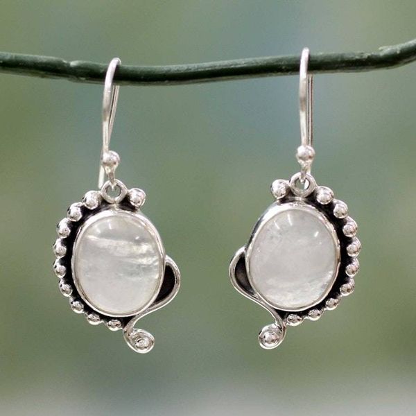Alternate image for Rainbow Moonstone Jewelry Indian Sterling Silver Earrings Indian Paisley