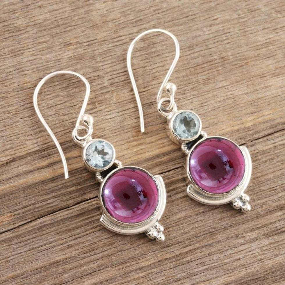 Sterling Silver Garnet and Blue Topaz Dangle Earrings 'Harmony Delight'