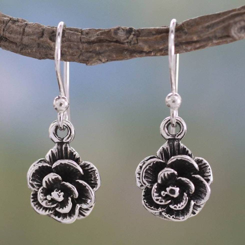 Floral Jewelry Sterling Silver Earrings from India 'Rose Moon'