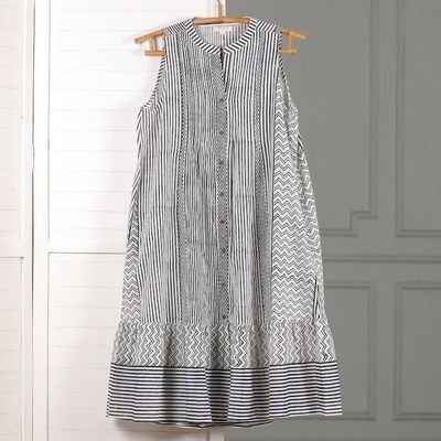 Alternate image for Patterned Blue and White 100 Cotton Sleeveless Tunic Dress Tribal Rhythm