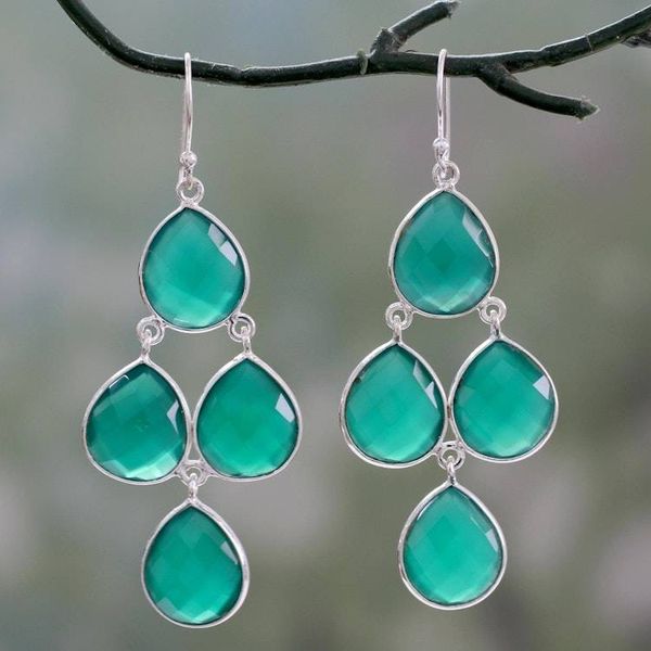 Alternate image for Handmade Green Onyx and Sterling Silver Chandelier Earrings Evergreen Chandelier