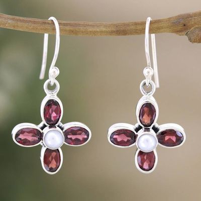 Alternate image for Sterling Silver Dangle Earrings with Garnet Gems and Pearls Passionate Floral Dream