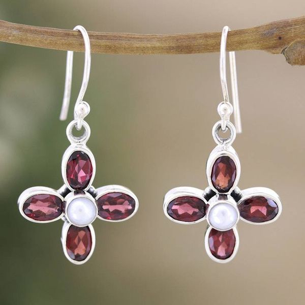 Alternate image for Sterling Silver Dangle Earrings with Garnet Gems and Pearls Passionate Floral Dream