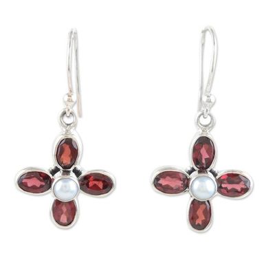 Alternate image for Sterling Silver Dangle Earrings with Garnet Gems and Pearls Passionate Floral Dream