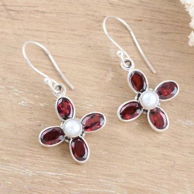 Alternate image for Sterling Silver Dangle Earrings with Garnet Gems and Pearls Passionate Floral Dream