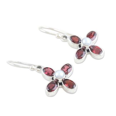 Alternate image for Sterling Silver Dangle Earrings with Garnet Gems and Pearls Passionate Floral Dream