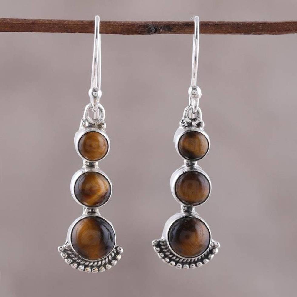 Tiger's Eye and Sterling Silver Dangle Earrings from India 'Triple Glow'