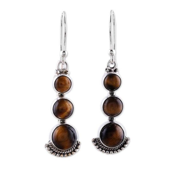 Alternate image for Tigers Eye and Sterling Silver Dangle Earrings from India Triple Glow