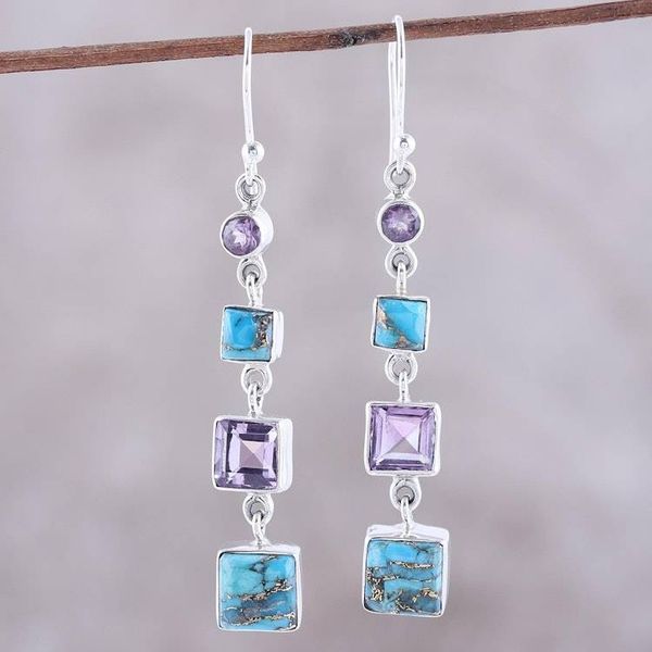 Alternate image for Amethyst Composite Turquoise Sterling Silver Dangle Earrings Tantalizing Tiers