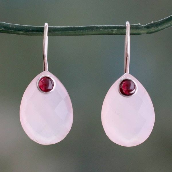 Alternate image for Pink Chalcedony and Garnet Gemstone Drop Earrings Rosy Outlook