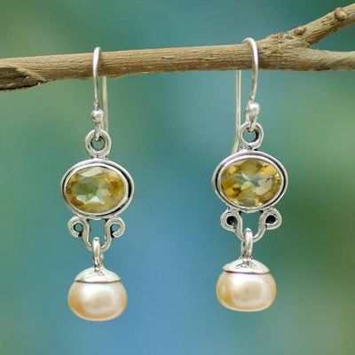Primary image for Pearl and Citrine Earrings in Sterling Silver Jewelry Golden Light