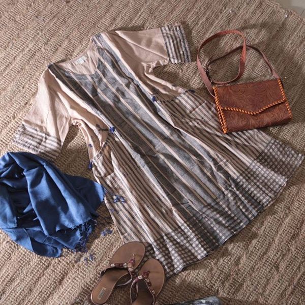 Alternate image for Classic 100 Cotton A-Line Dress in Ecru and Sapphire Hues Memories of Ecru
