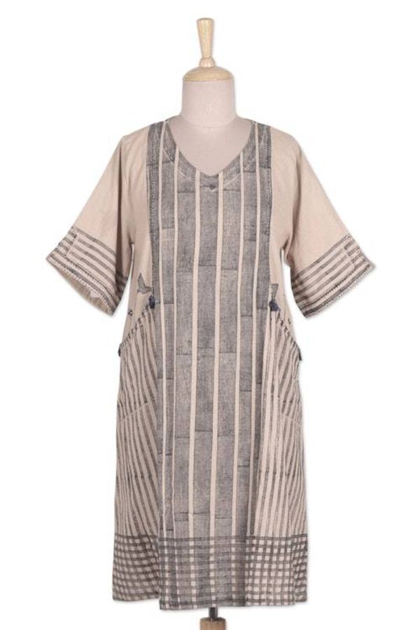 Alternate image for Classic 100 Cotton A-Line Dress in Ecru and Sapphire Hues Memories of Ecru