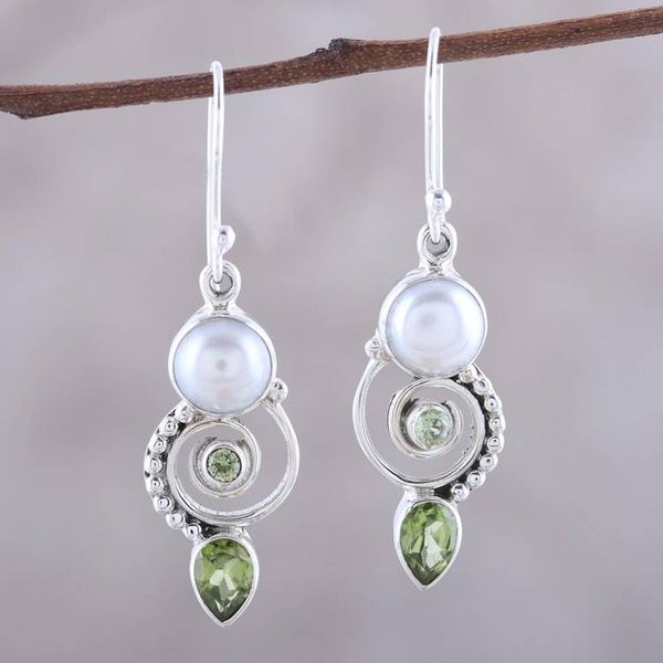 Alternate image for Cultured Pearl Peridot Sterling Silver Dangle Earrings Elegant Labyrinth