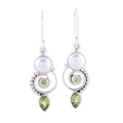 Alternate image for Cultured Pearl Peridot Sterling Silver Dangle Earrings Elegant Labyrinth