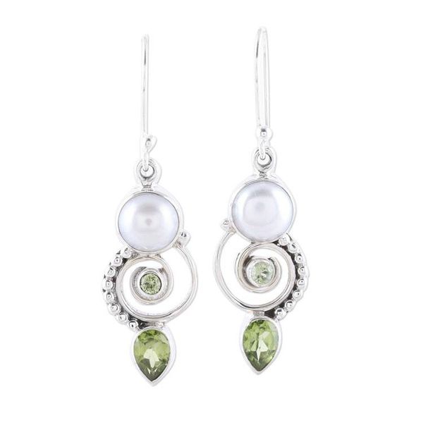 Alternate image for Cultured Pearl Peridot Sterling Silver Dangle Earrings Elegant Labyrinth