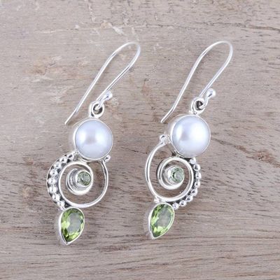 Alternate image for Cultured Pearl Peridot Sterling Silver Dangle Earrings Elegant Labyrinth