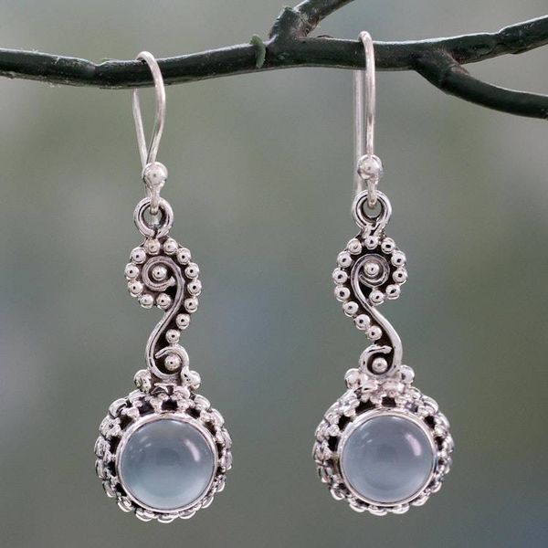 Alternate image for Blue Chalcedony Cabochon and Sterling Silver Dangle Earrings Serene Paisley