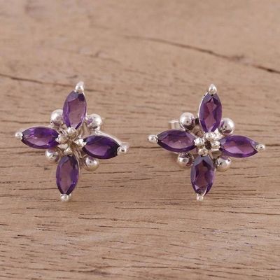 Alternate image for Floral Motif Amethyst Button Earrings from India Gentian Blossom