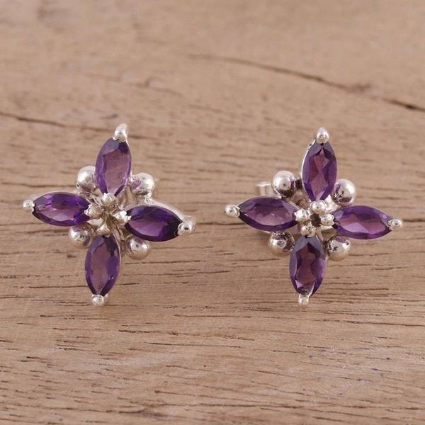 Alternate image for Floral Motif Amethyst Button Earrings from India Gentian Blossom