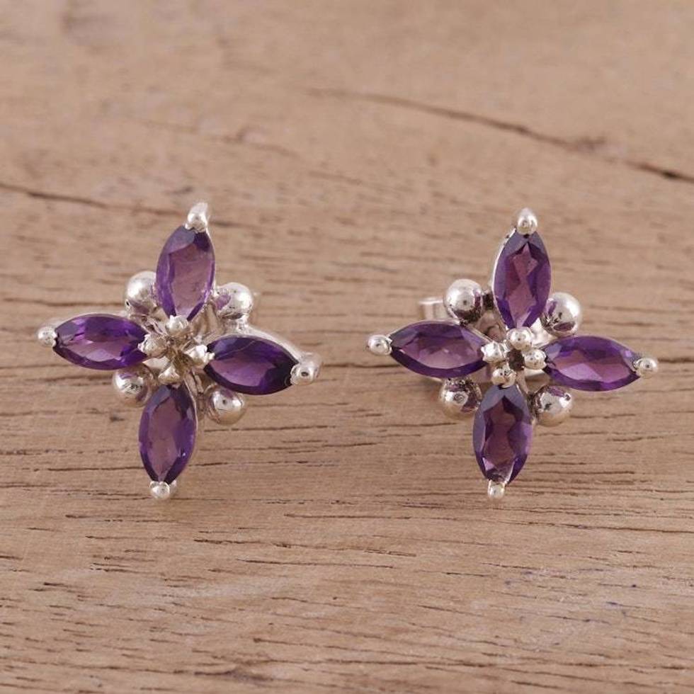 Floral Motif Amethyst Button Earrings from India 'Gentian Blossom'
