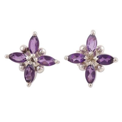 Alternate image for Floral Motif Amethyst Button Earrings from India Gentian Blossom