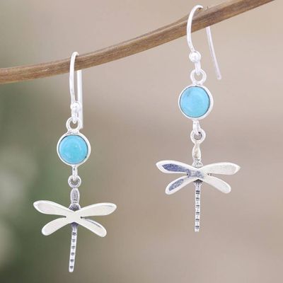 Alternate image for Reconstituted Turquoise and Silver Dragonfly Dangle Earrings Dragonfly Fantasy in Blue