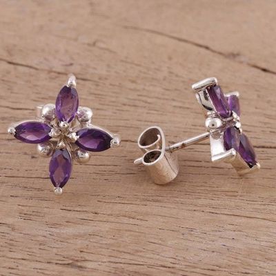 Alternate image for Floral Motif Amethyst Button Earrings from India Gentian Blossom