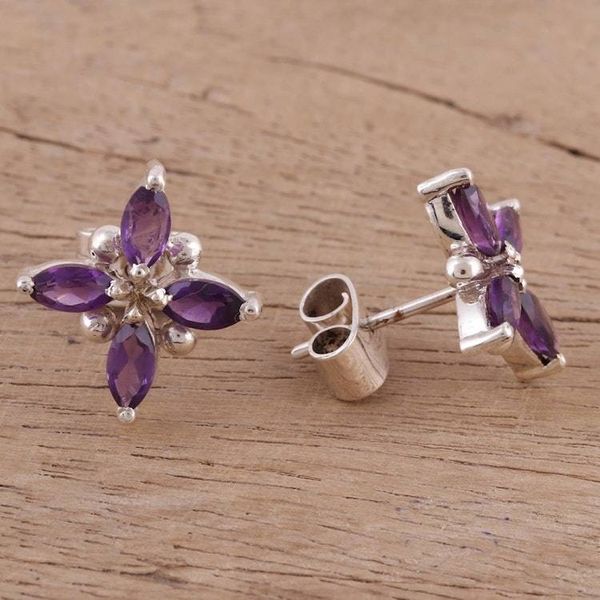 Alternate image for Floral Motif Amethyst Button Earrings from India Gentian Blossom