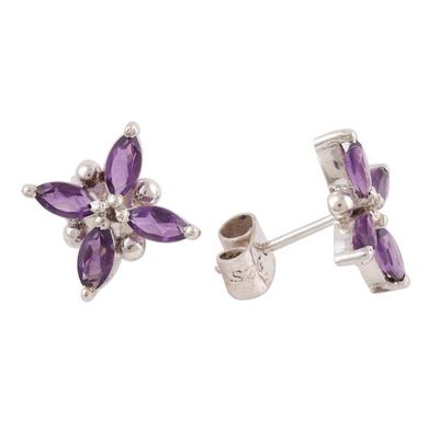 Alternate image for Floral Motif Amethyst Button Earrings from India Gentian Blossom
