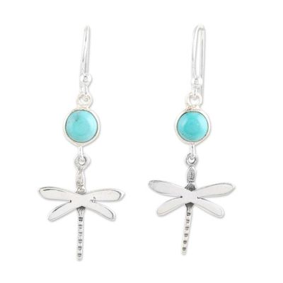 Alternate image for Reconstituted Turquoise and Silver Dragonfly Dangle Earrings Dragonfly Fantasy in Blue