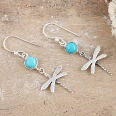 Alternate image for Reconstituted Turquoise and Silver Dragonfly Dangle Earrings Dragonfly Fantasy in Blue