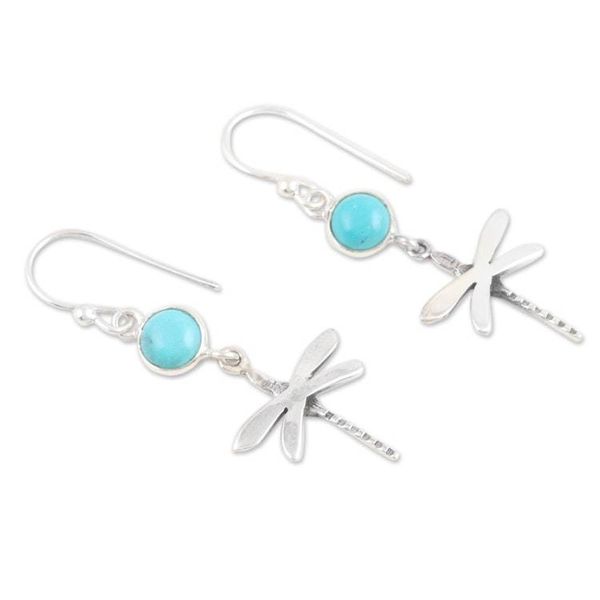 Alternate image for Reconstituted Turquoise and Silver Dragonfly Dangle Earrings Dragonfly Fantasy in Blue