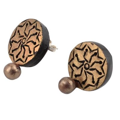 Alternate image for Gold Tone Floral Ceramic Dangle Earrings by Indian Artisans Golden Floral