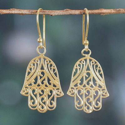 Alternate image for Hamsa-Themed 22k Gold-Plated Sterling Silver Dangle Earrings Celestial Hamsa