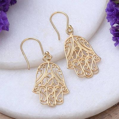 Alternate image for Hamsa-Themed 22k Gold-Plated Sterling Silver Dangle Earrings Celestial Hamsa