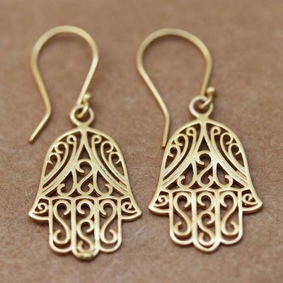Alternate image for Hamsa-Themed 22k Gold-Plated Sterling Silver Dangle Earrings Celestial Hamsa