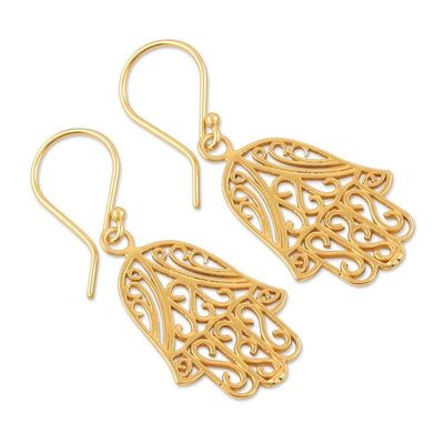 Alternate image for Hamsa-Themed 22k Gold-Plated Sterling Silver Dangle Earrings Celestial Hamsa