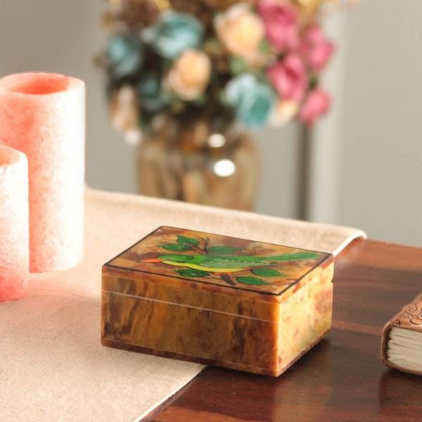 Alternate image for Hand-Painted Bird-Themed Natural Soapstone Box Made in India Bird of Arts