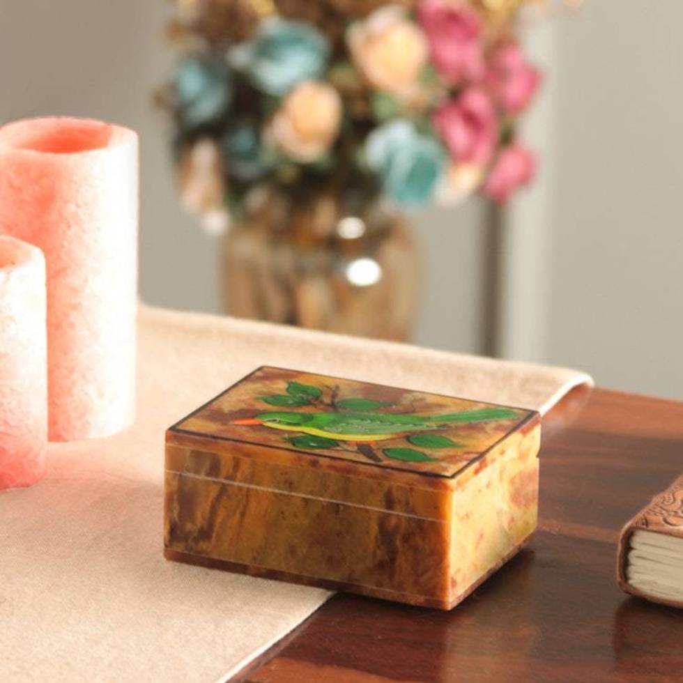 Hand-Painted Bird-Themed Natural Soapstone Box Made in India 'Bird of Arts'