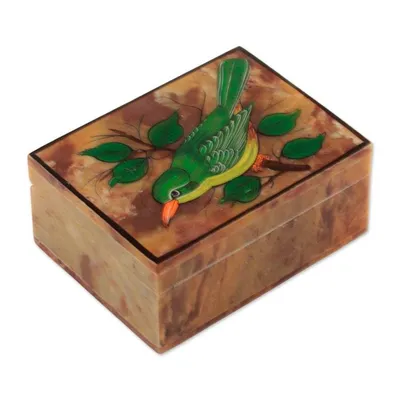 Alternate image for Hand-Painted Bird-Themed Natural Soapstone Box Made in India Bird of Arts