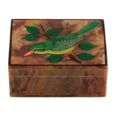 Alternate image for Hand-Painted Bird-Themed Natural Soapstone Box Made in India Bird of Arts