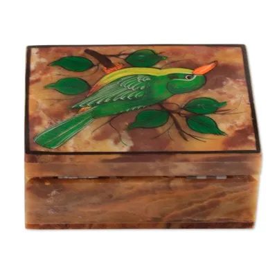 Alternate image for Hand-Painted Bird-Themed Natural Soapstone Box Made in India Bird of Arts