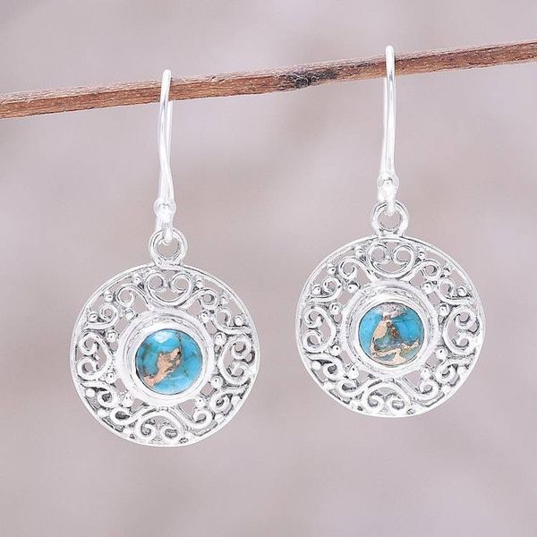 Alternate image for Composite Turquoise Sterling Silver Round Dangle Earrings Elegant Sea
