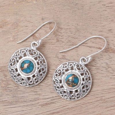 Alternate image for Composite Turquoise Sterling Silver Round Dangle Earrings Elegant Sea