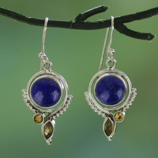 Alternate image for Handmade Lapis Lazuli and Citrine Dangle Earrings from India Glory in Blue